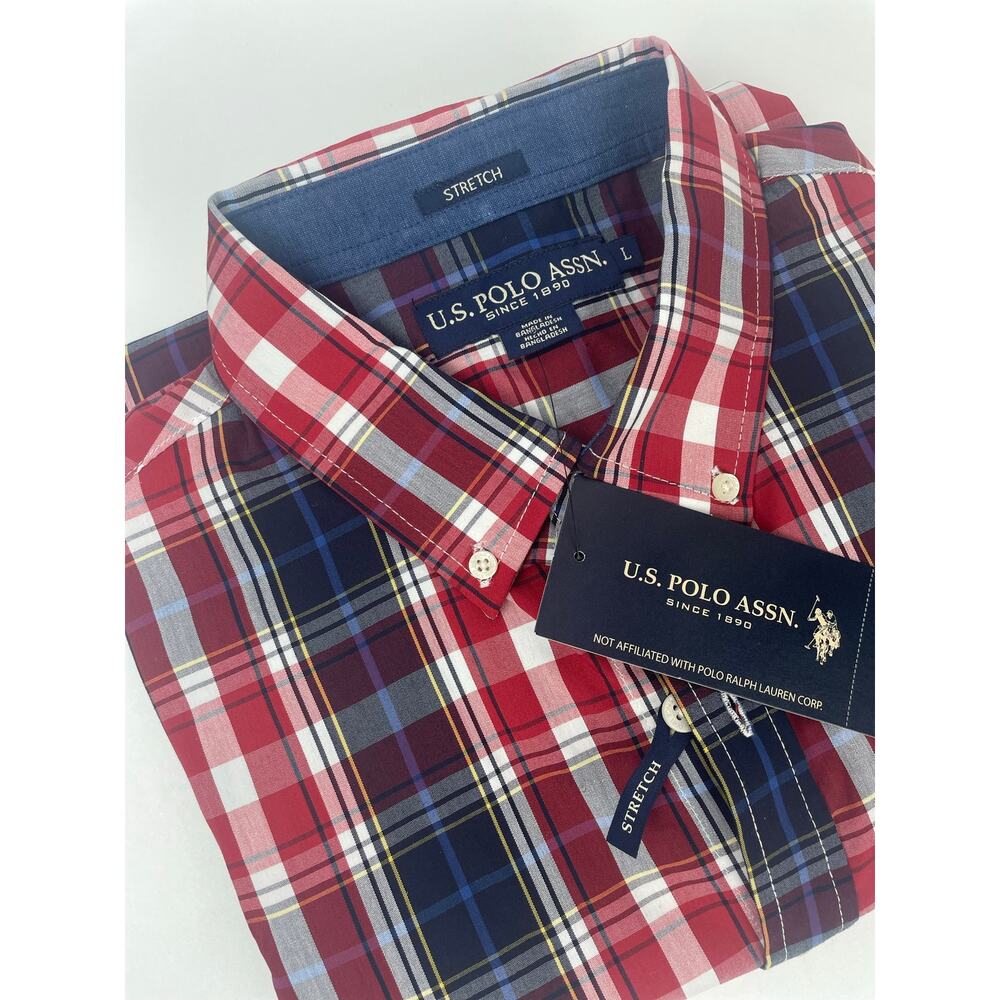 NWT U.S. Polo Association Dress Shirt Men’s L Blur/Red Plaid Lng Slv Stretch